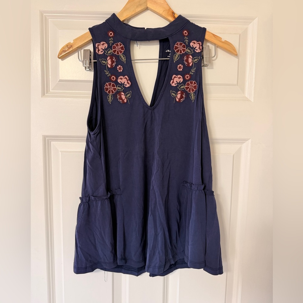 Navy Sleeveless Tank with Pink Floral Embroidery